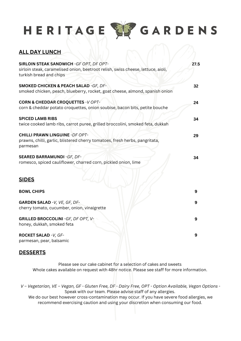 Heritage Gardens Cafe menu board