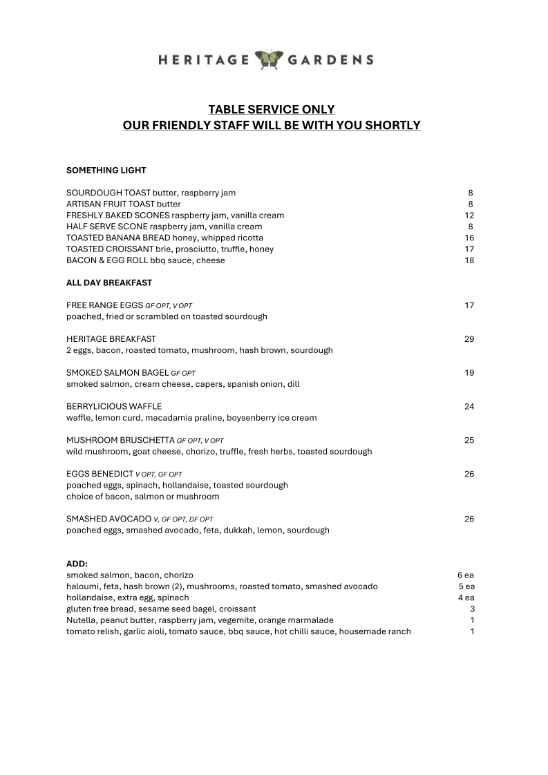 Heritage Gardens Cafe menu board