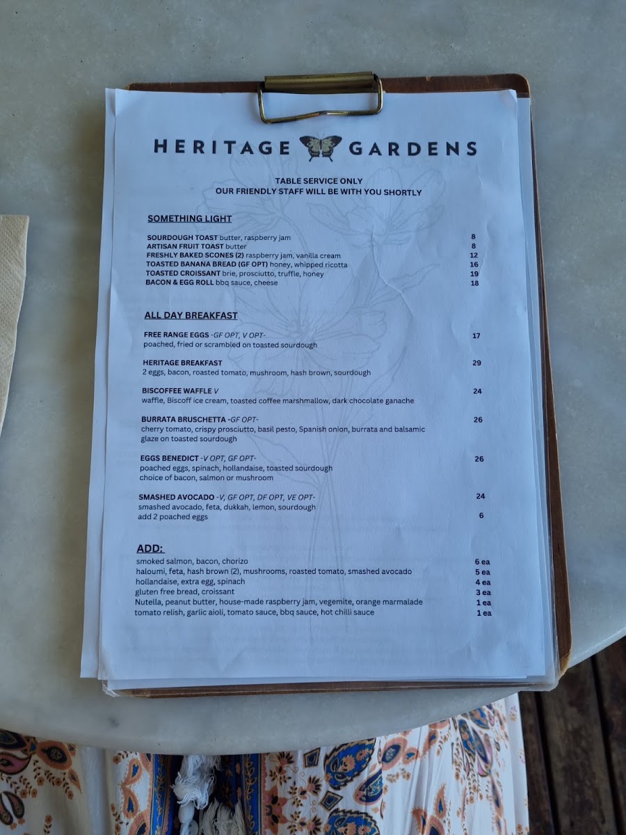Heritage Gardens Cafe menu board