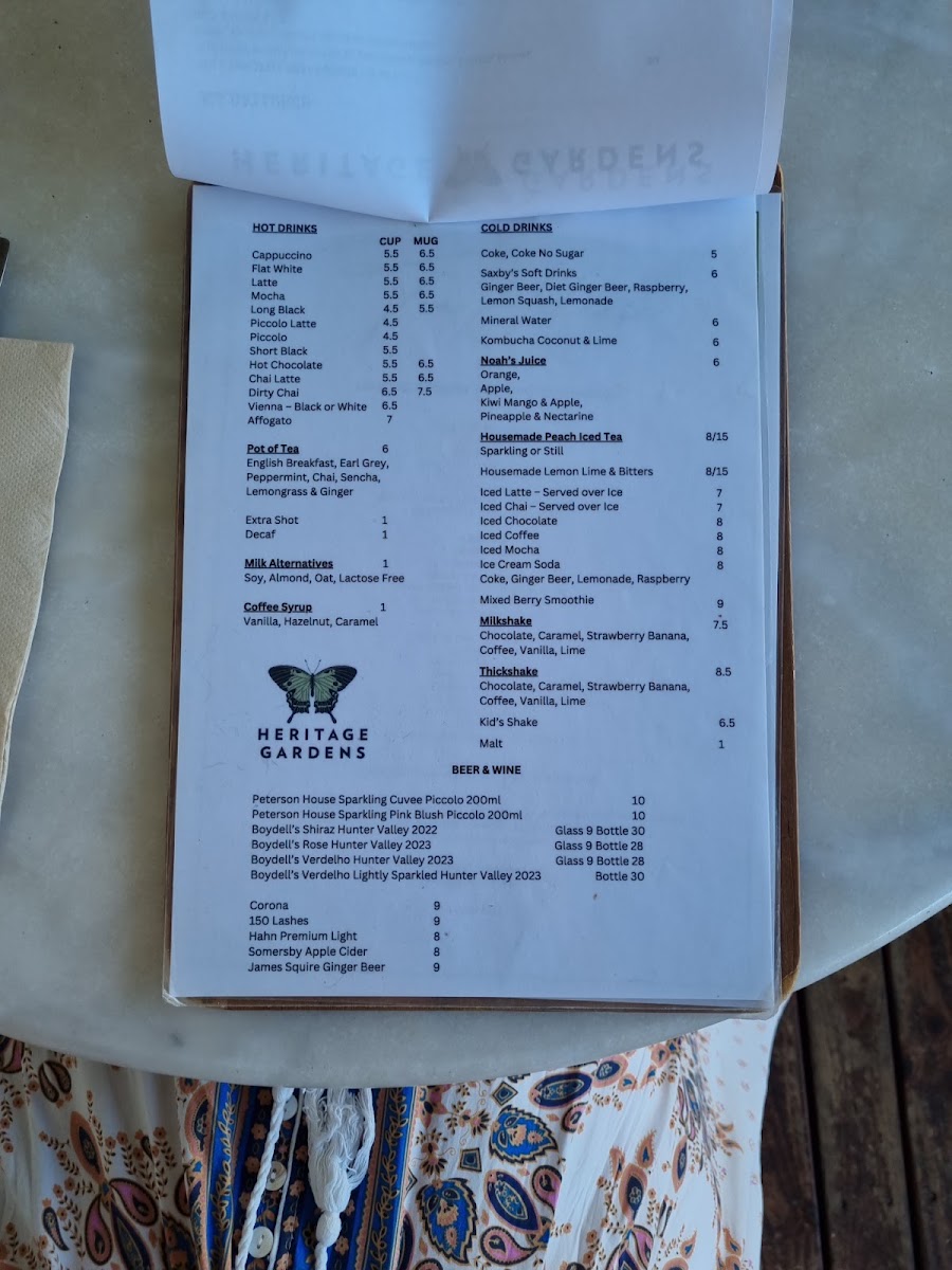 Heritage Gardens Cafe menu board