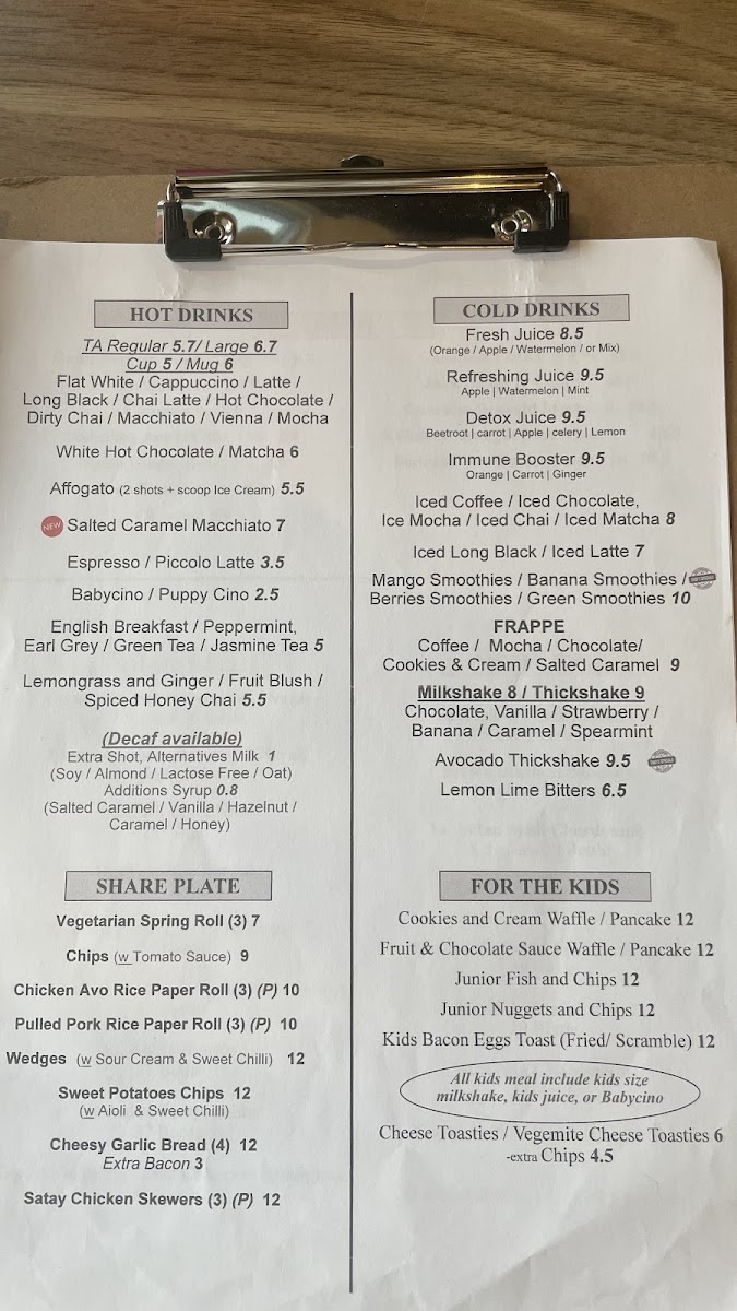 Treendale Cafe menu board
