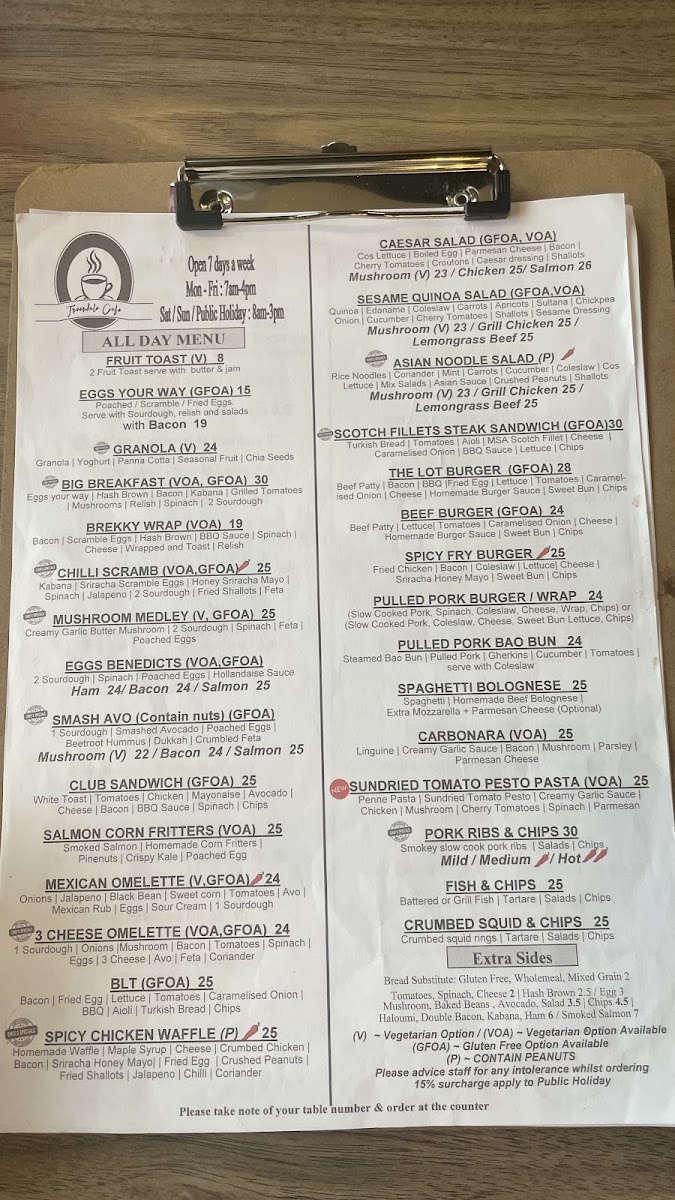Treendale Cafe menu board