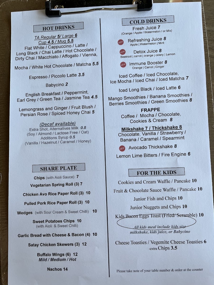 Treendale Cafe menu board