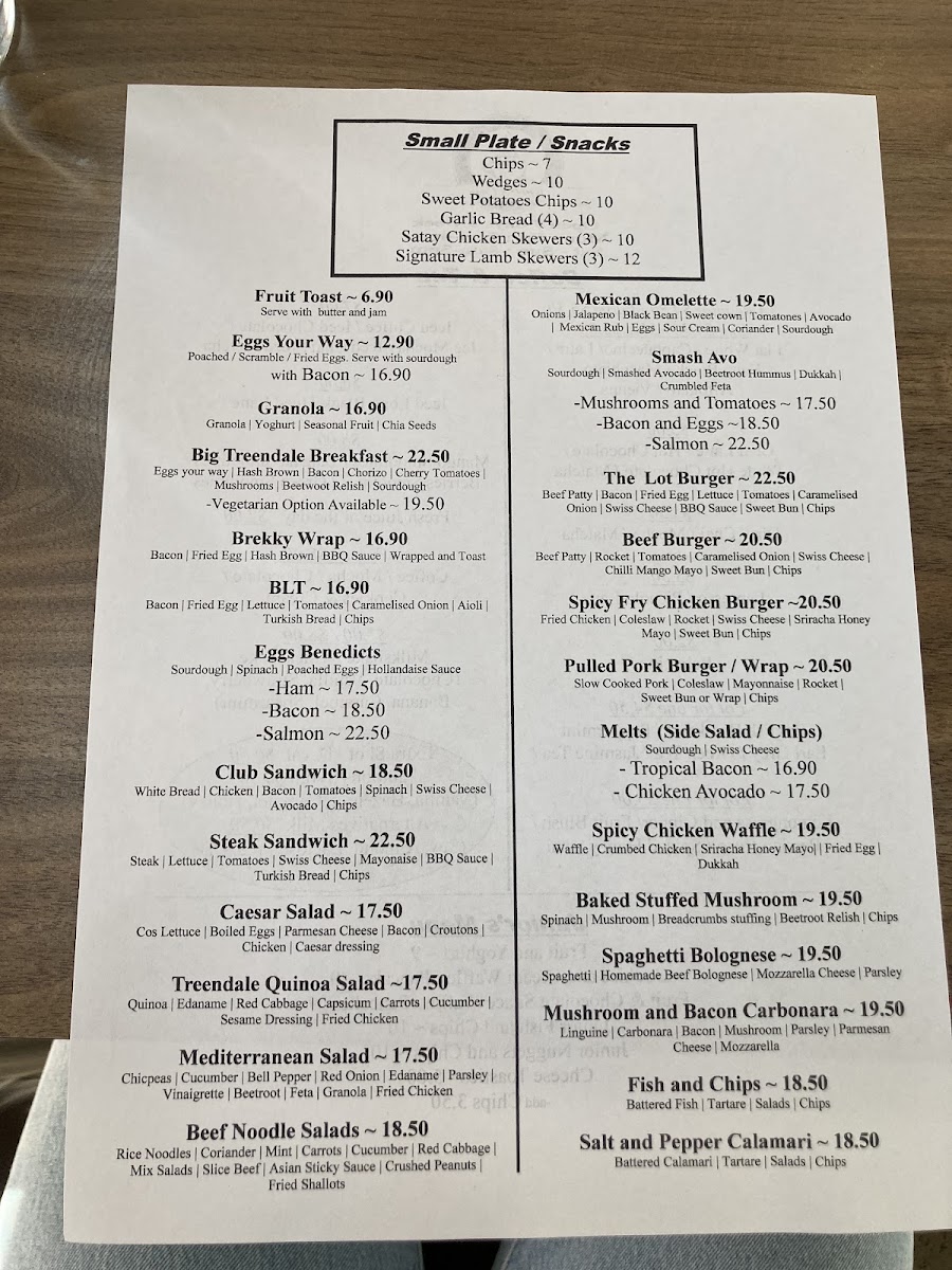 Treendale Cafe menu board
