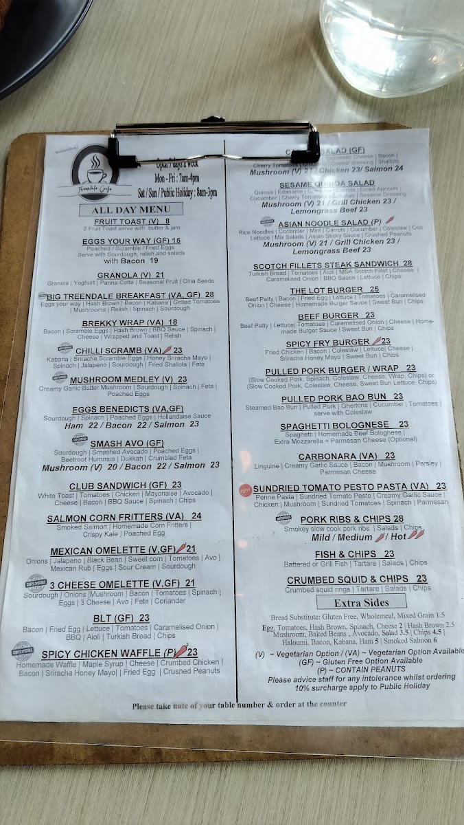 Treendale Cafe menu board