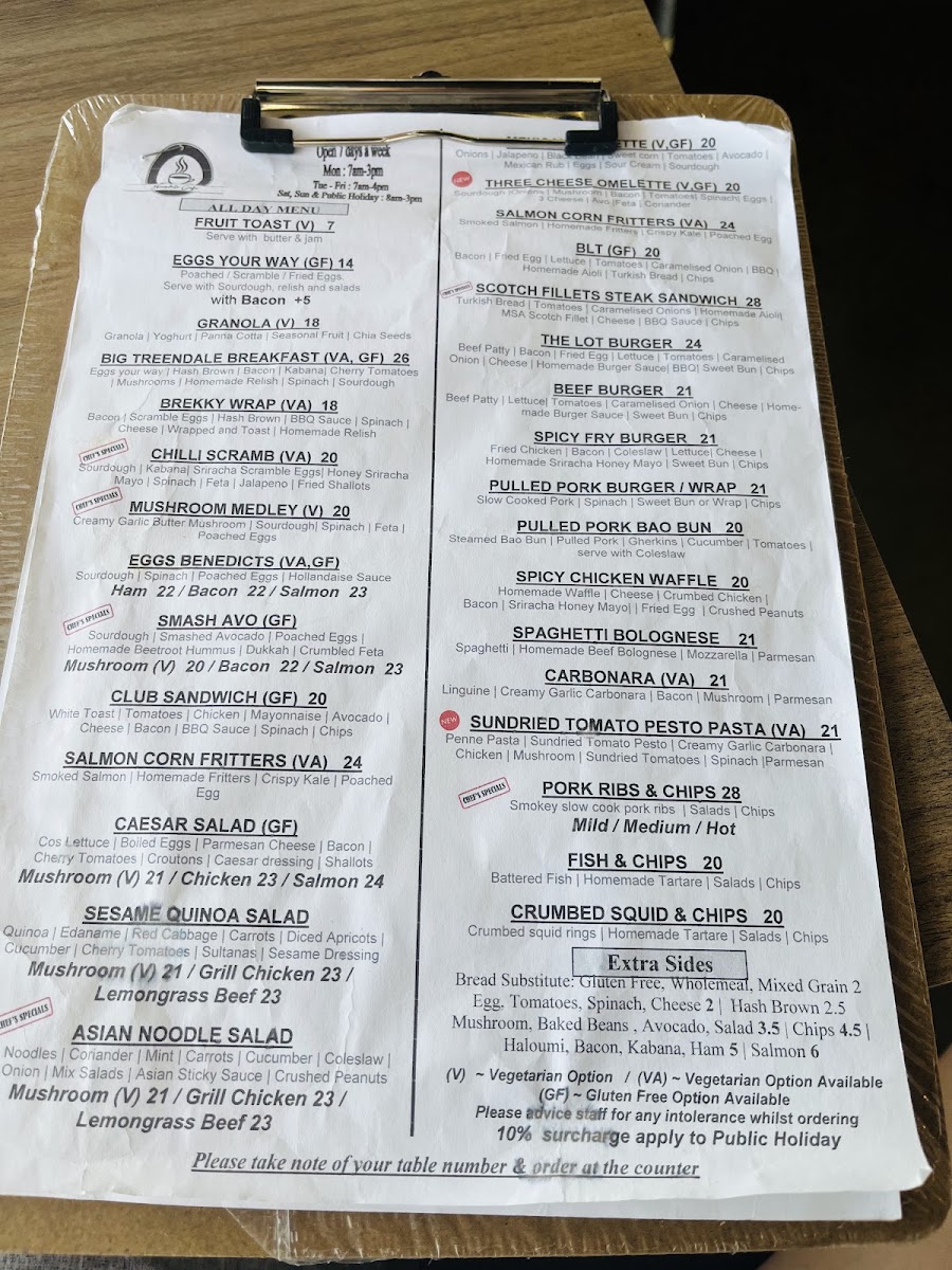 Treendale Cafe menu board