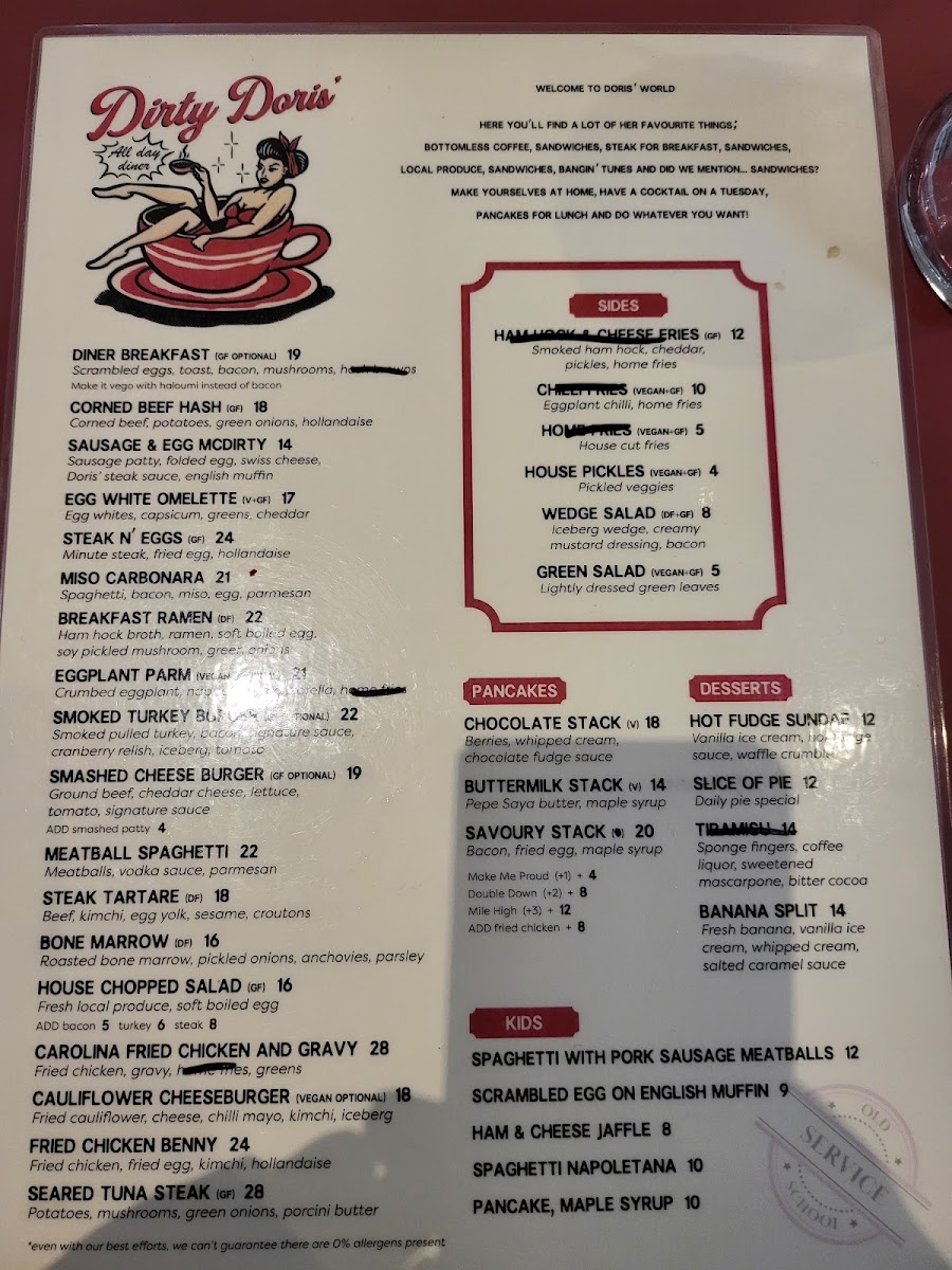 Dirty Doris menu board