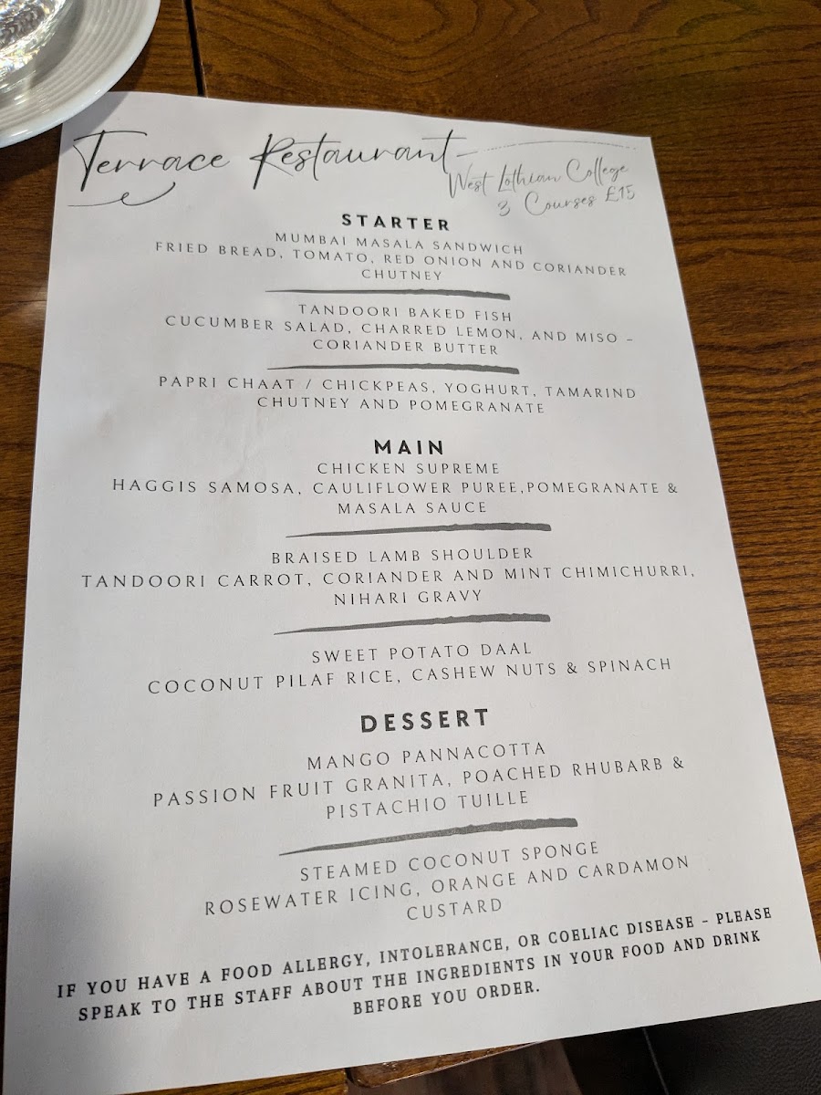 Terrace Restaurant menu board