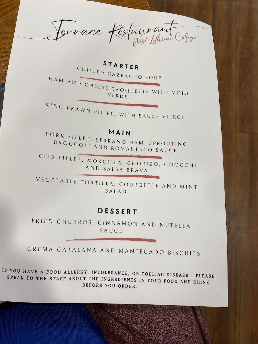 Terrace Restaurant menu board