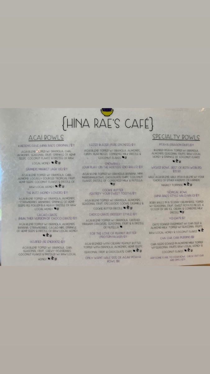 Hina Rae’s Cafe Waimea menu board