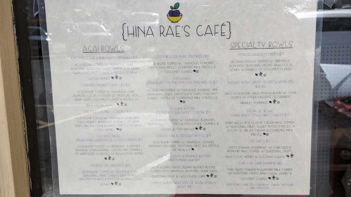 Hina Rae’s Cafe Waimea menu board