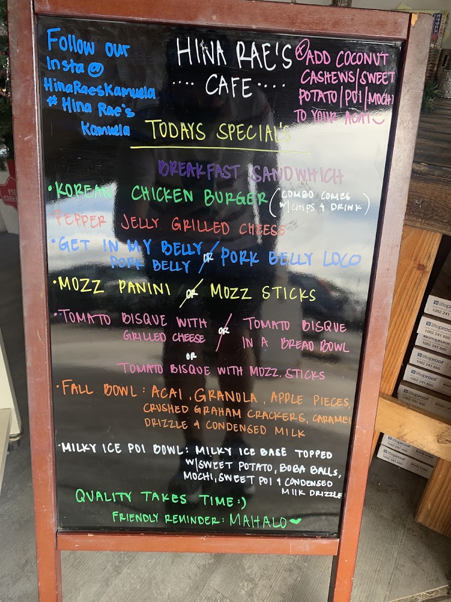 Hina Rae’s Cafe Waimea menu board