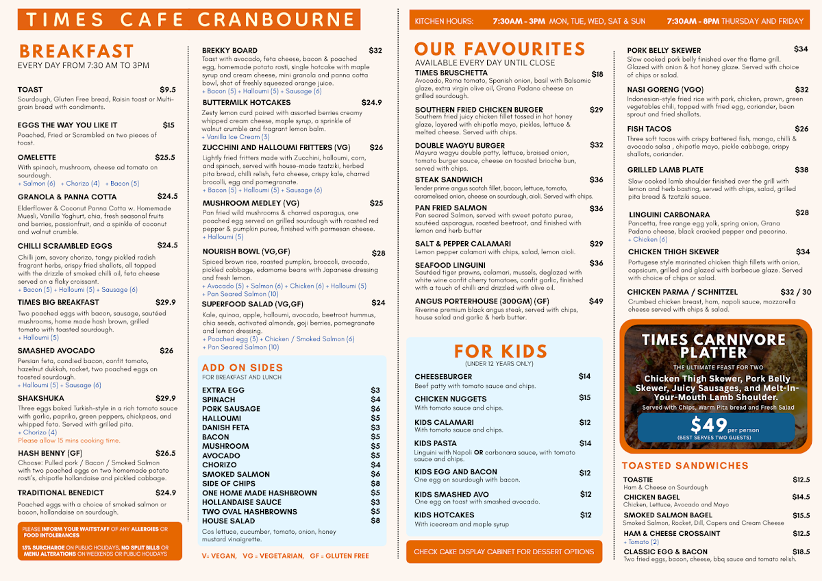 Times Cranbourne Cafe and Restaurant menu board