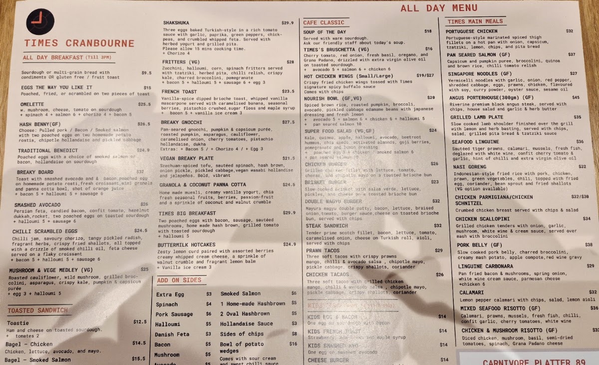 Times Cranbourne Cafe and Restaurant menu board