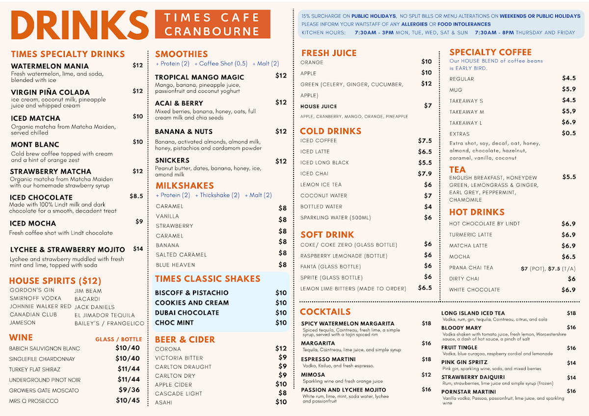 Times Cranbourne Cafe and Restaurant menu board