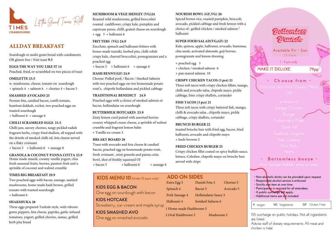 Times Cranbourne Cafe and Restaurant menu board