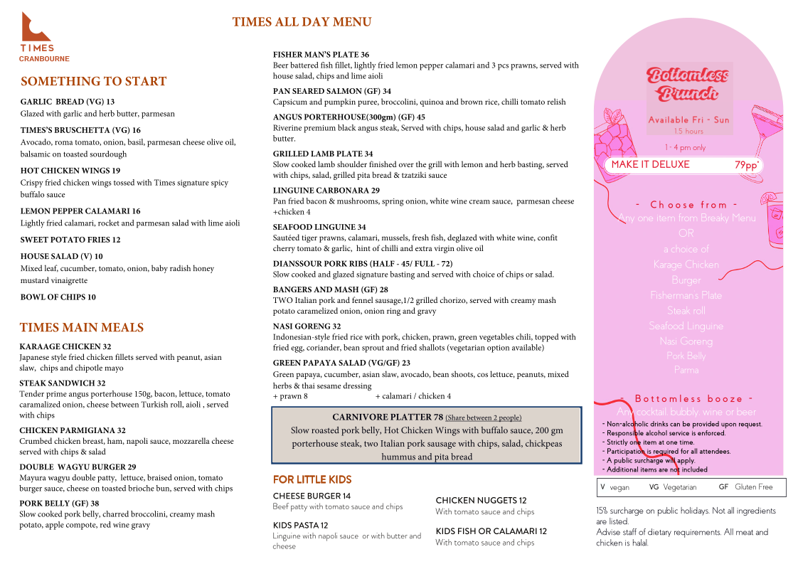 Times Cranbourne Cafe and Restaurant menu board
