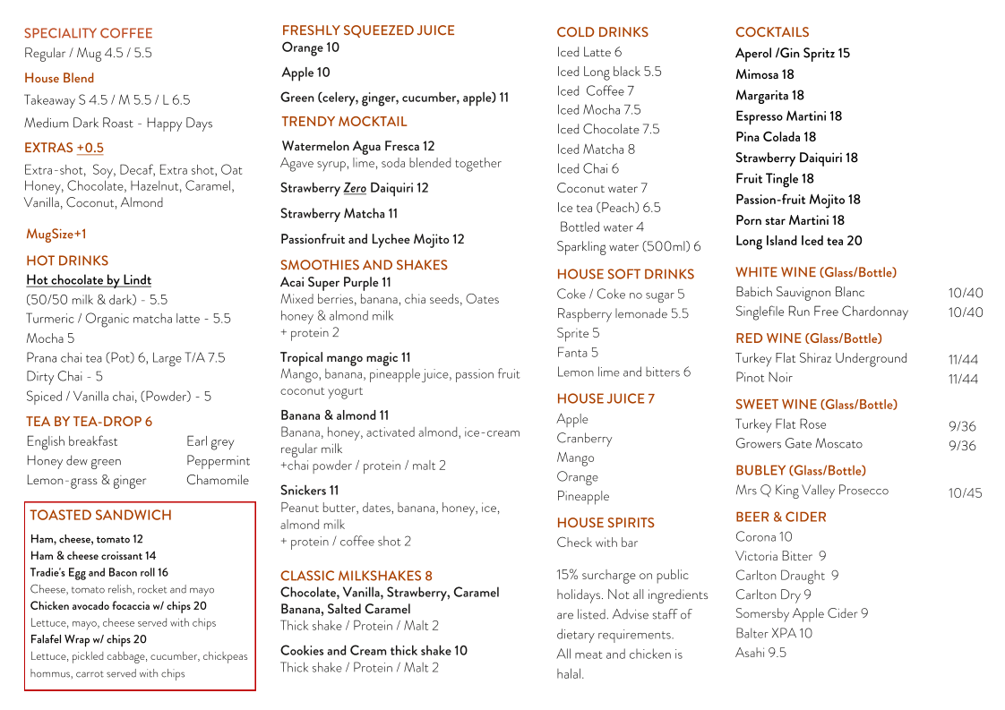 Times Cranbourne Cafe and Restaurant menu board
