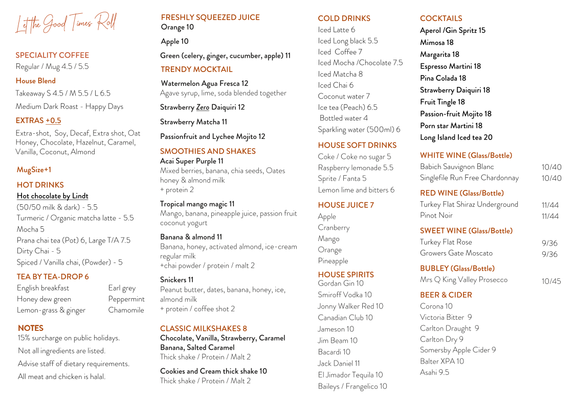 Times Cranbourne Cafe and Restaurant menu board