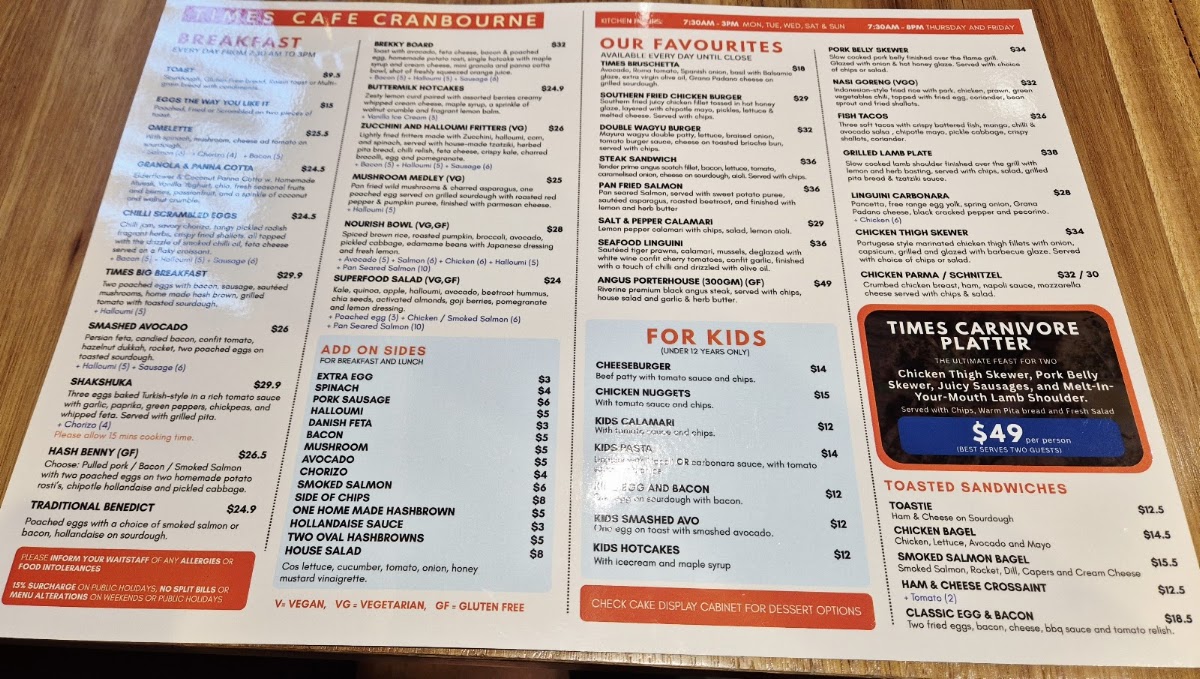 Times Cranbourne Cafe and Restaurant menu board