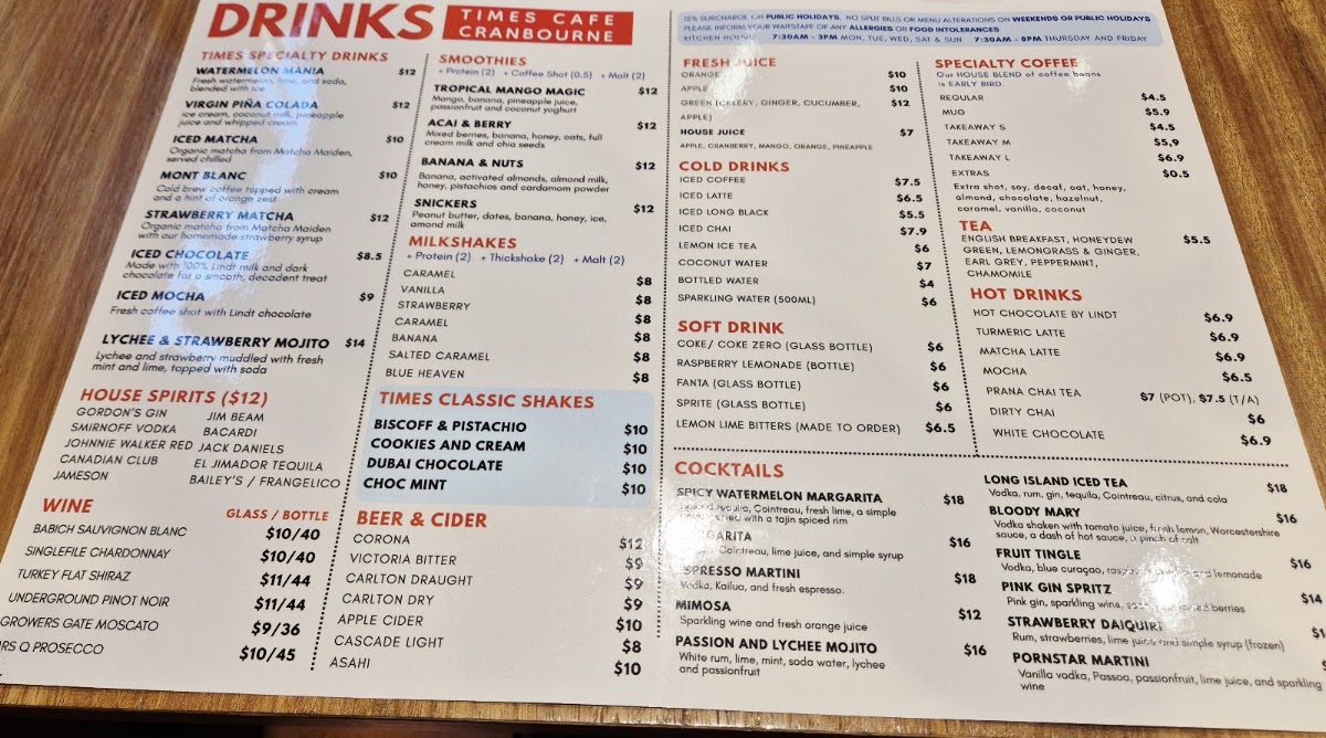 Times Cranbourne Cafe and Restaurant menu board