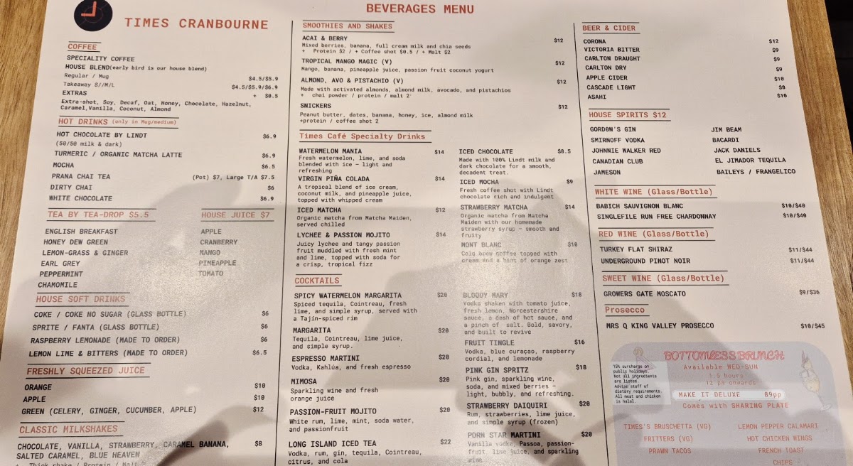 Times Cranbourne Cafe and Restaurant menu board