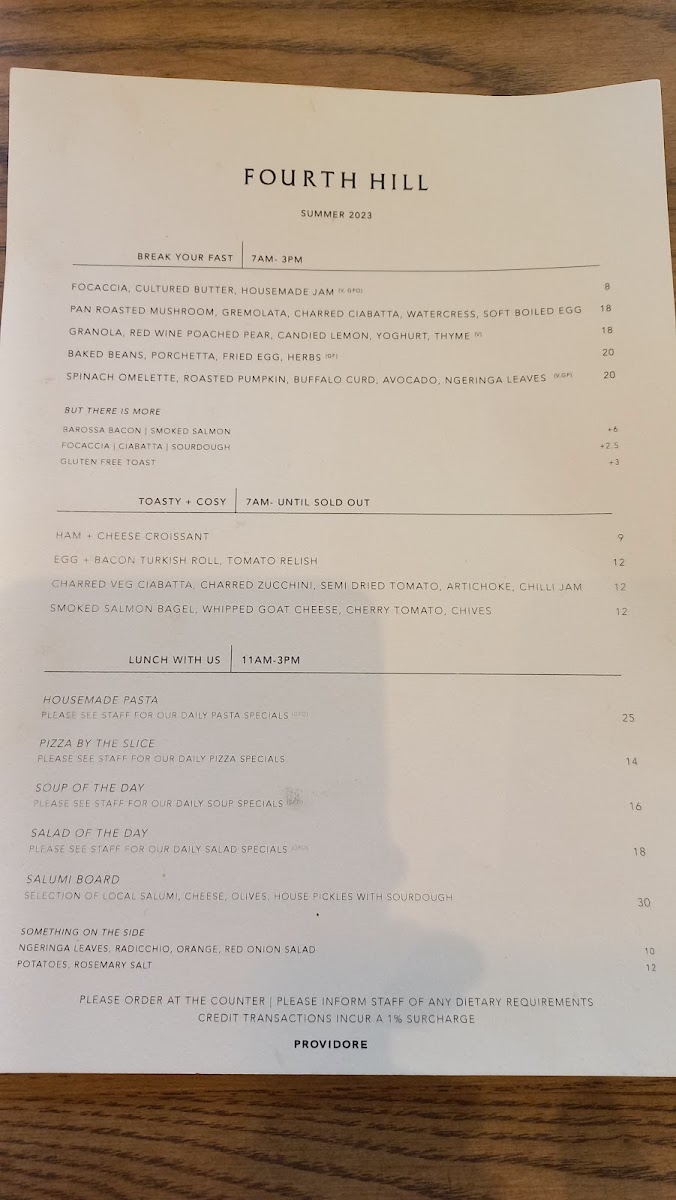 Fourth Hill Providore menu board