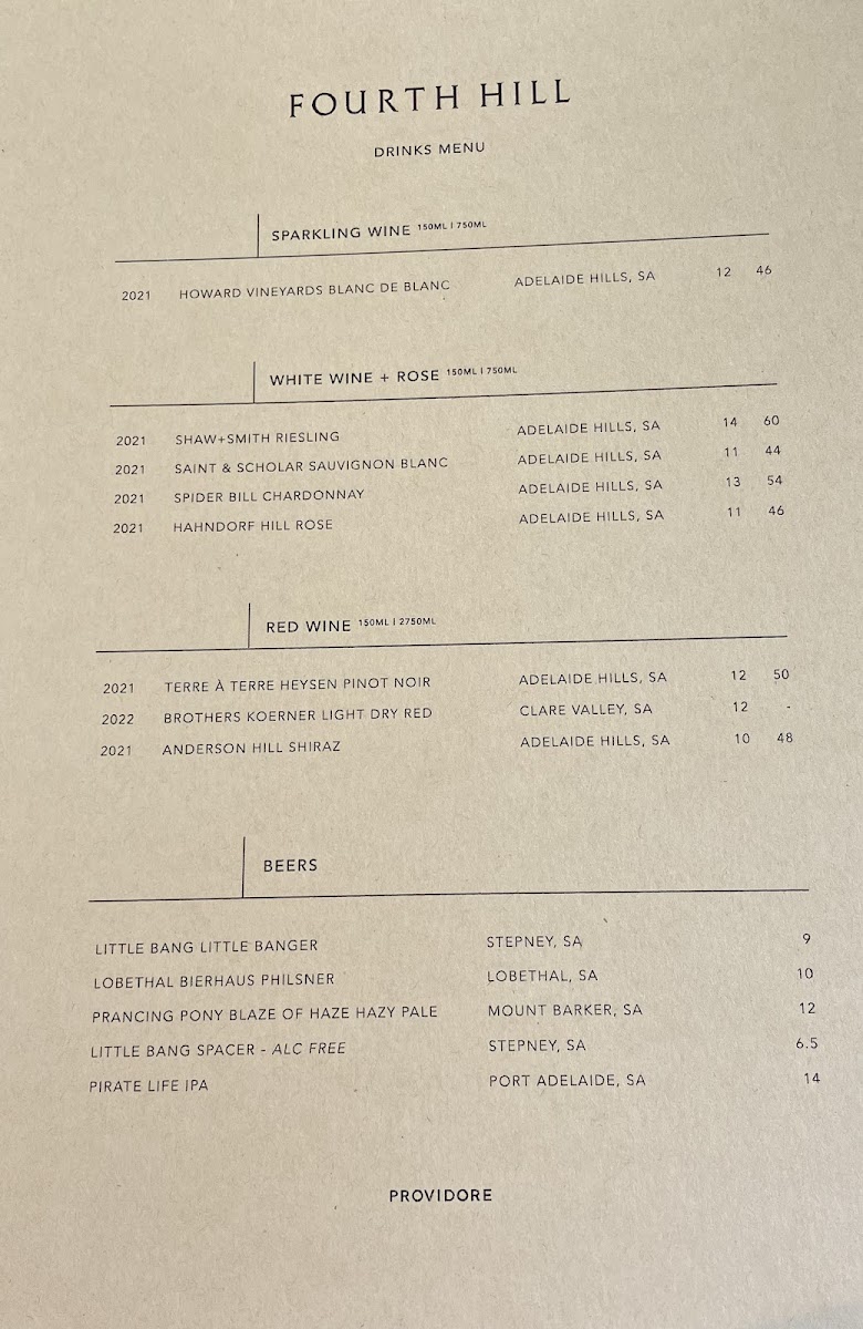 Fourth Hill Providore menu board