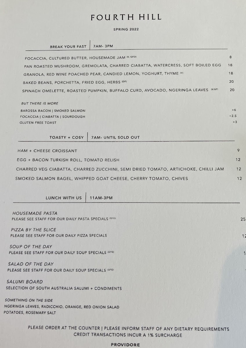 Fourth Hill Providore menu board