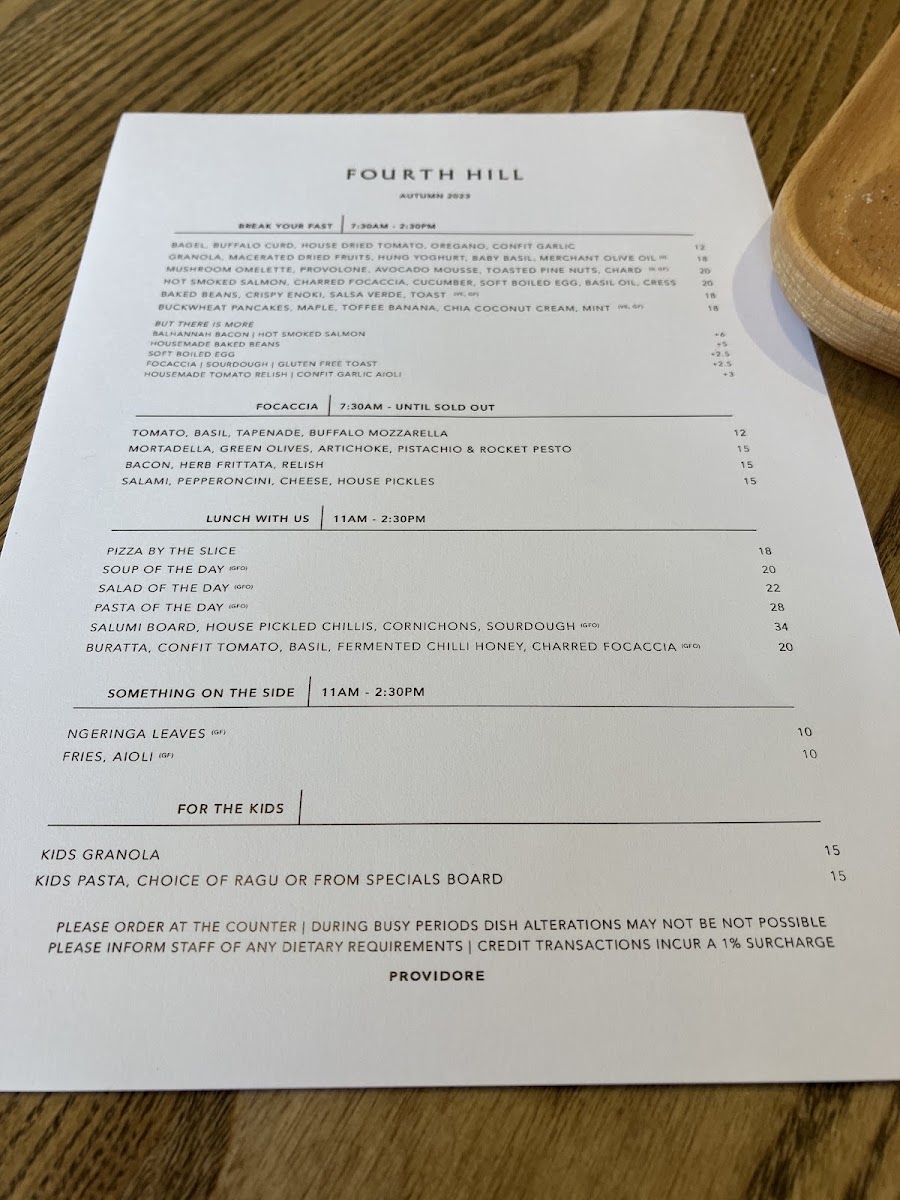 Fourth Hill Providore menu board