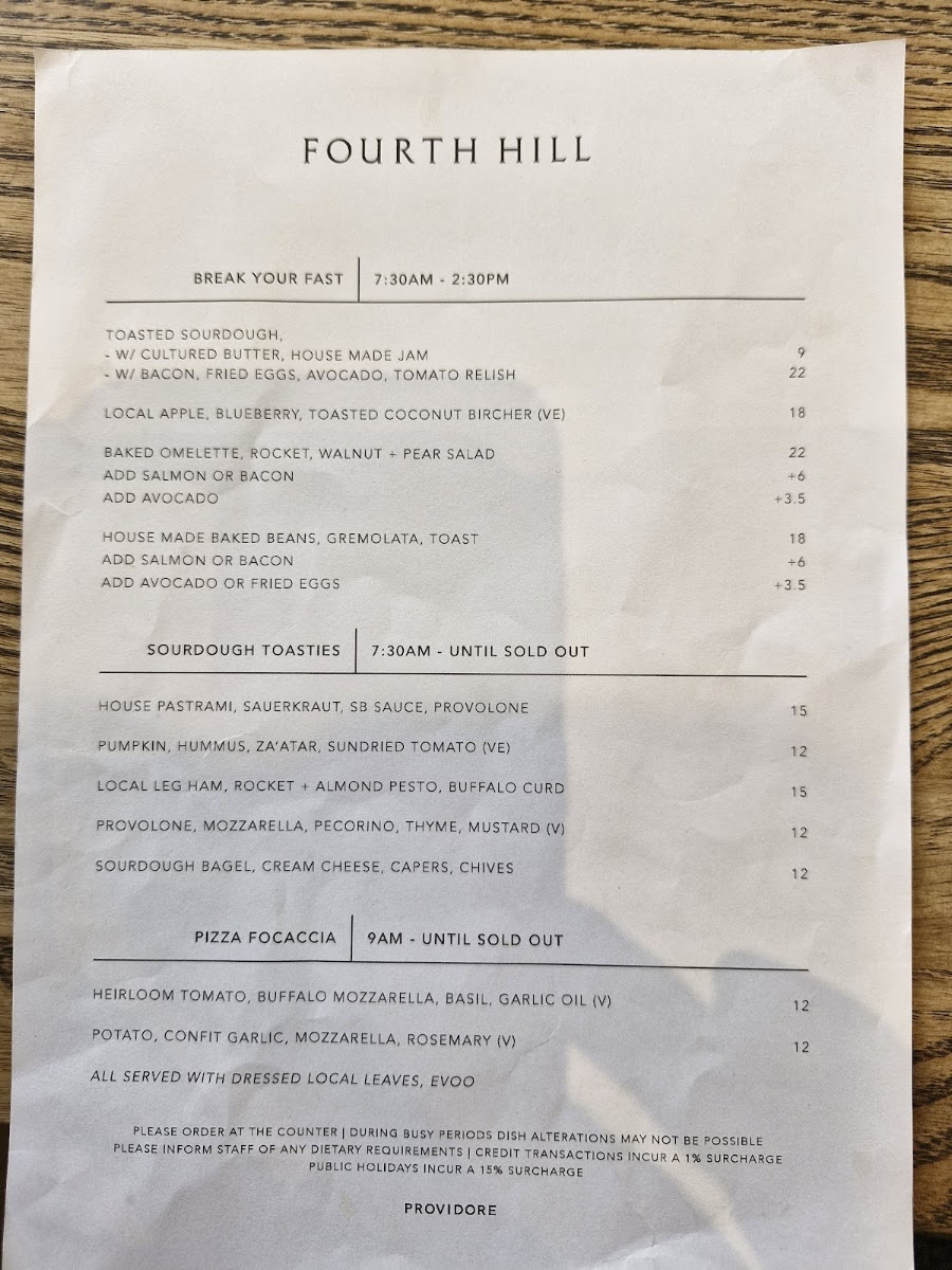 Fourth Hill Providore menu board