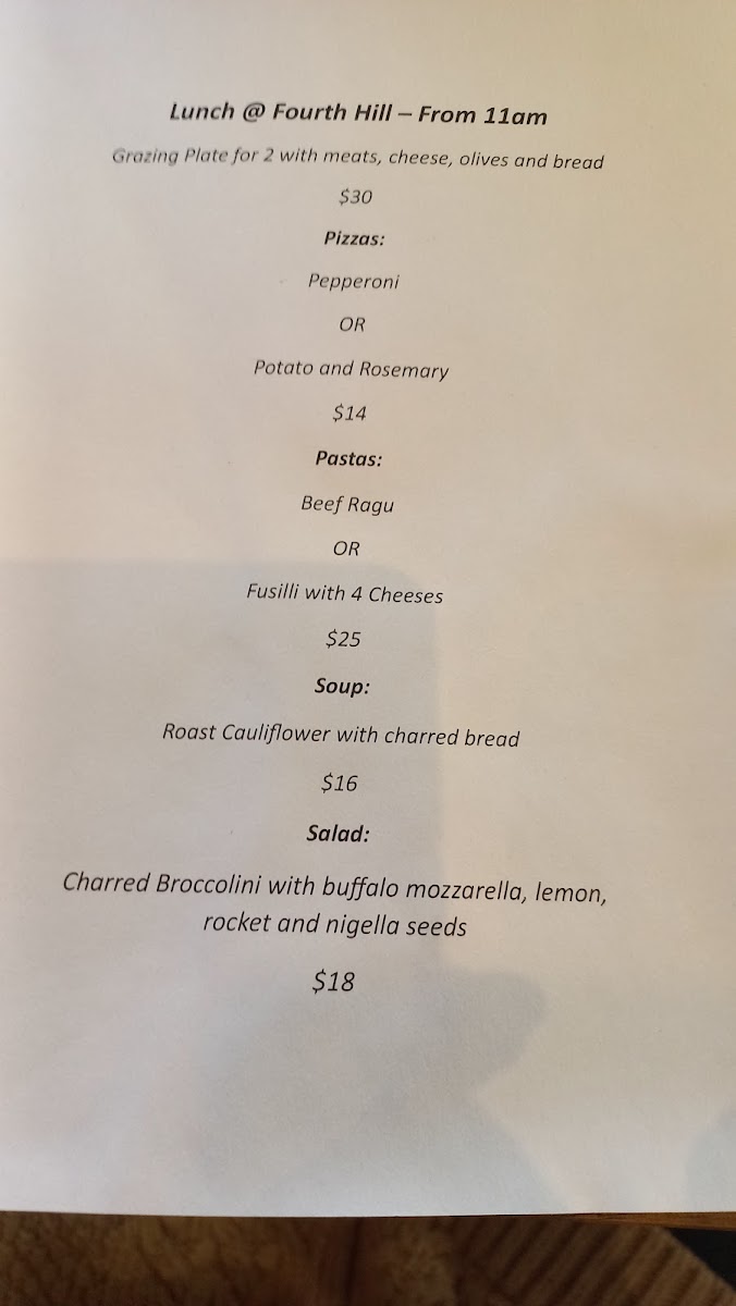Fourth Hill Providore menu board