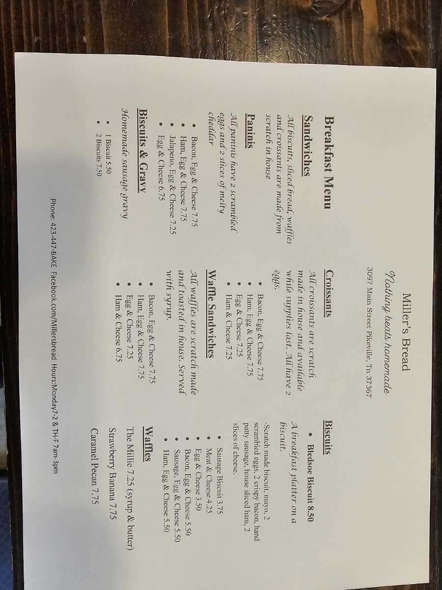Miller's Bread menu board