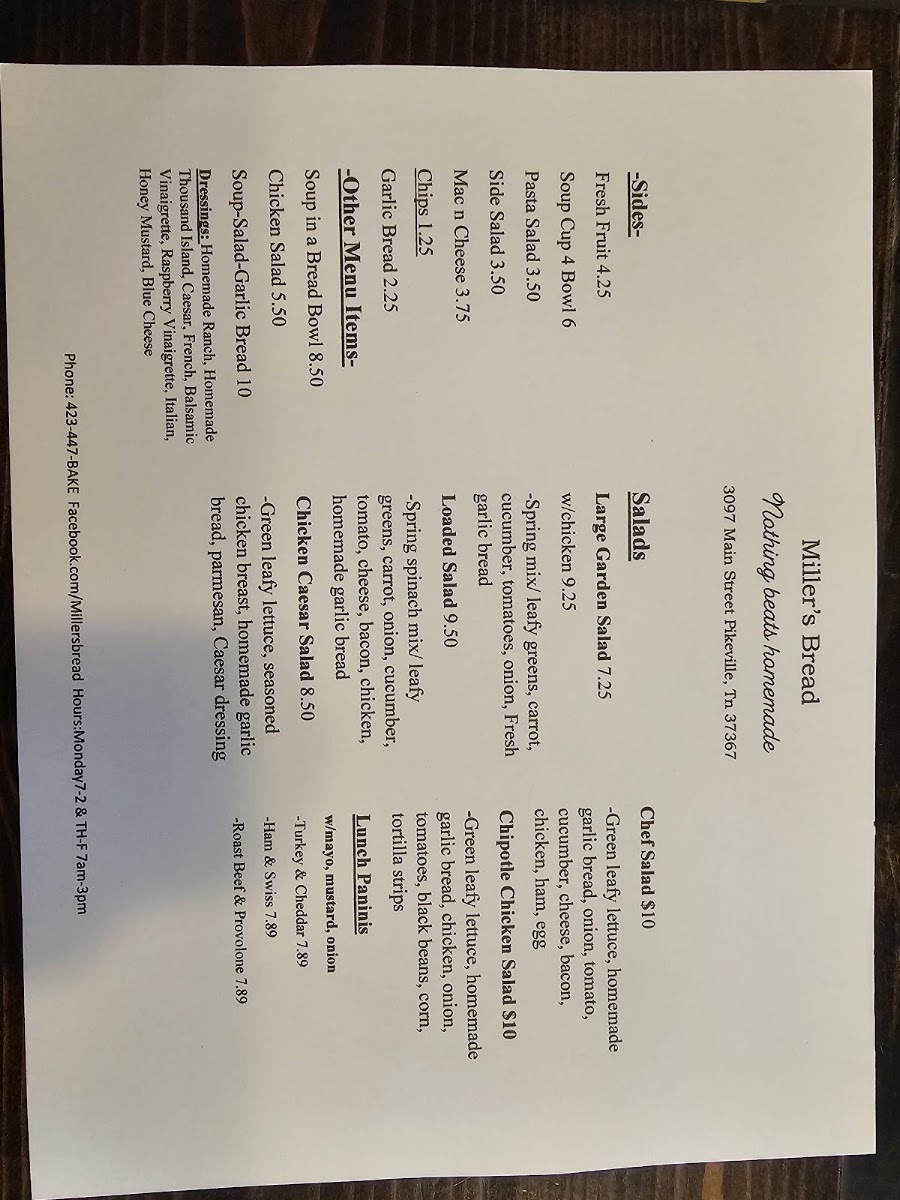 Miller's Bread menu board