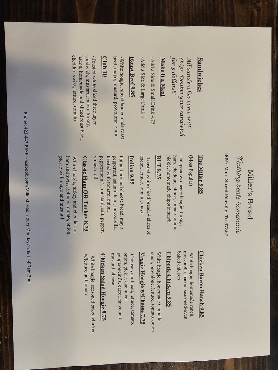 Miller's Bread menu board