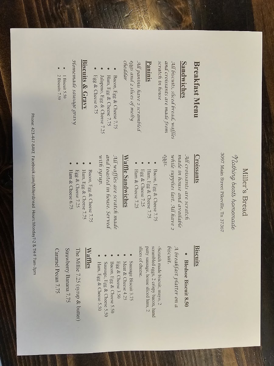 Miller's Bread menu board