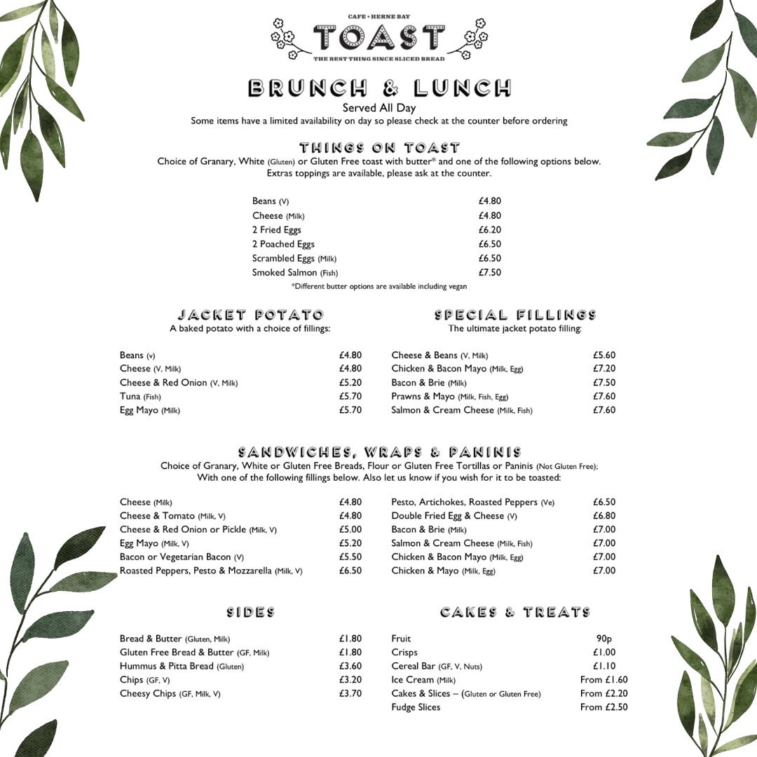Toast Herne Bay Ltd menu board