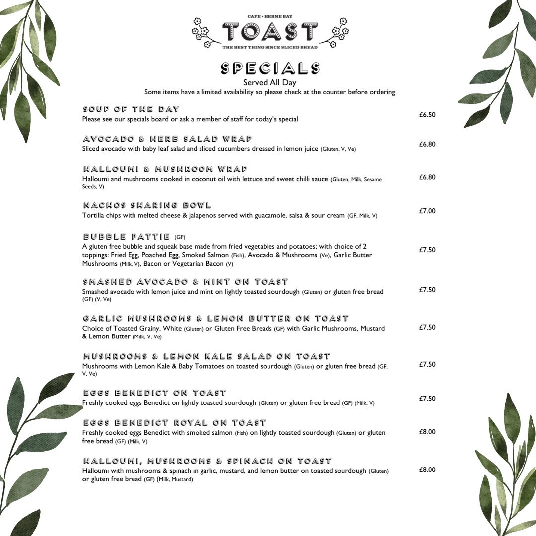Toast Herne Bay Ltd menu board