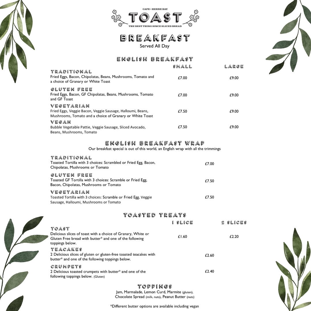 Toast Herne Bay Ltd menu board