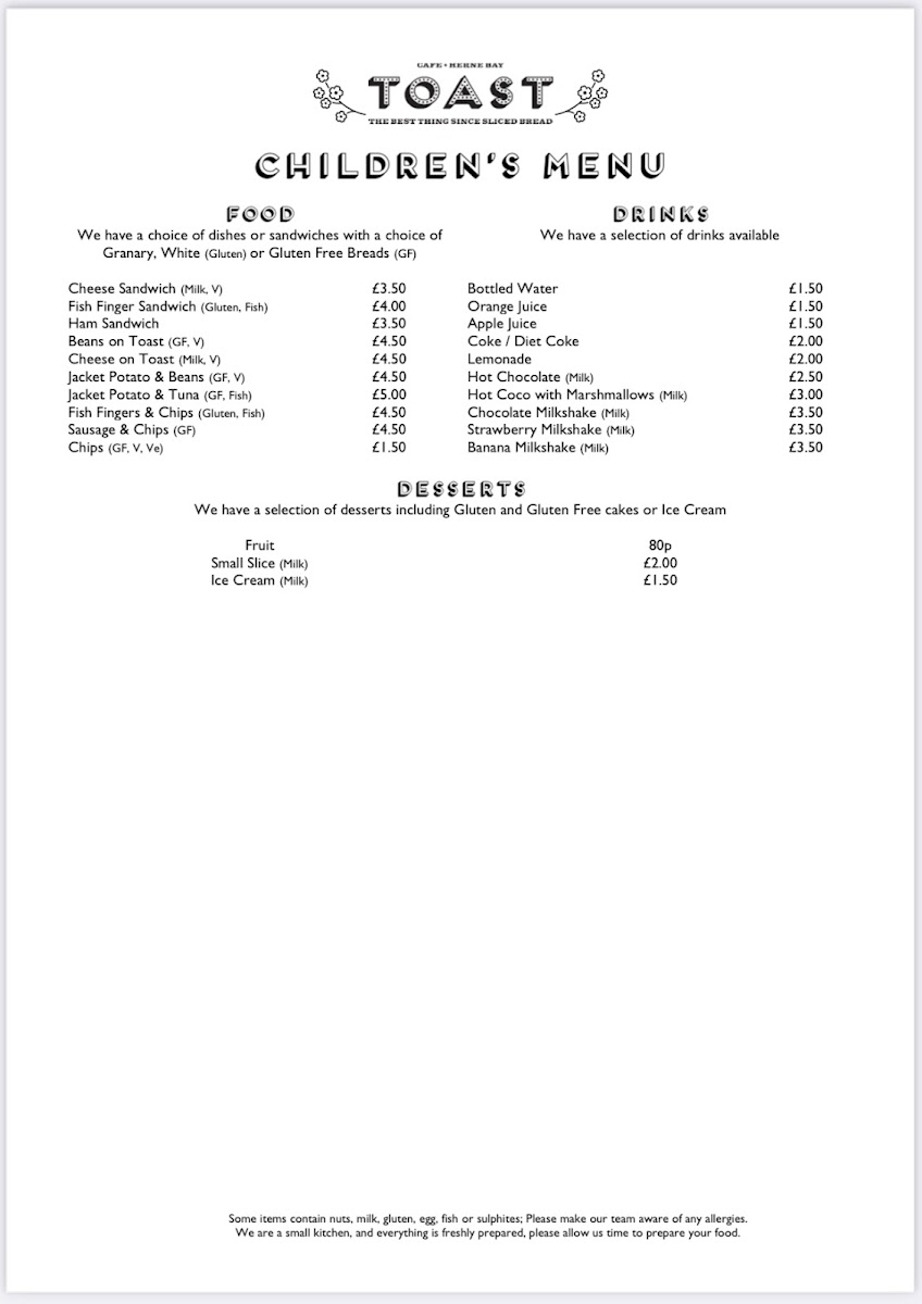 Toast Herne Bay Ltd menu board