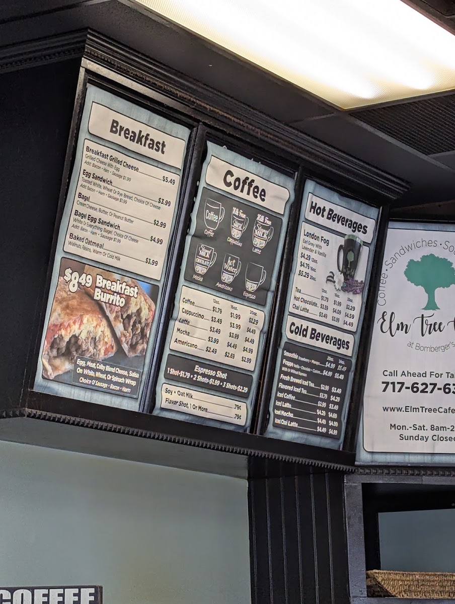 Elm Tree Cafe at Bomberger's menu board