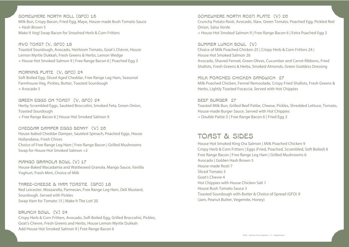 Somewhere North menu board