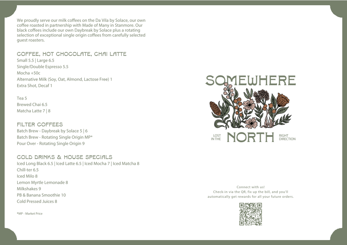 Somewhere North menu board