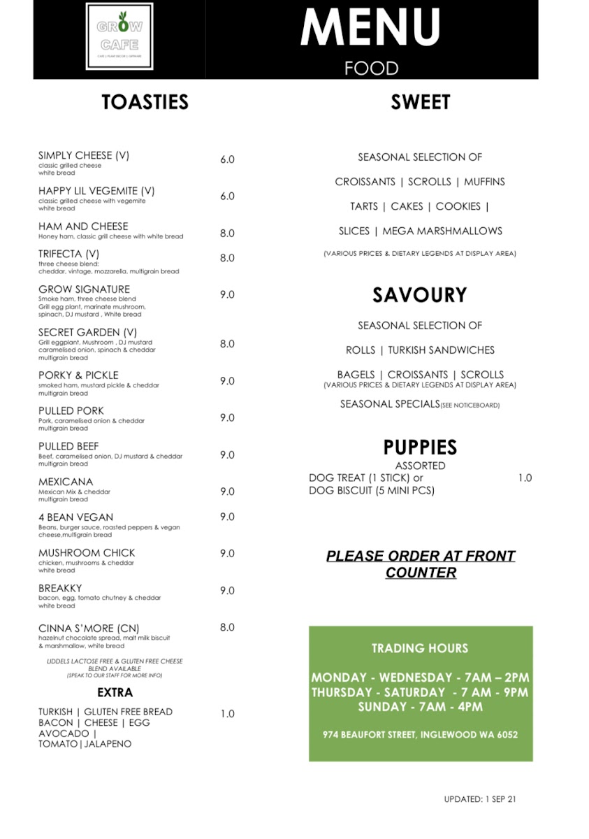 GROW CAFE menu board