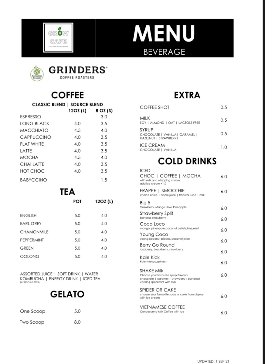 GROW CAFE menu board