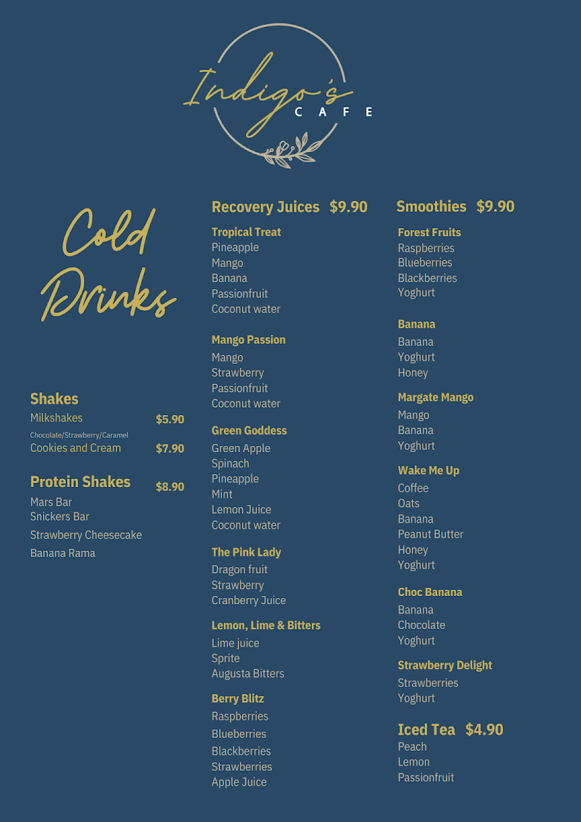 Indigo's Cafe menu board