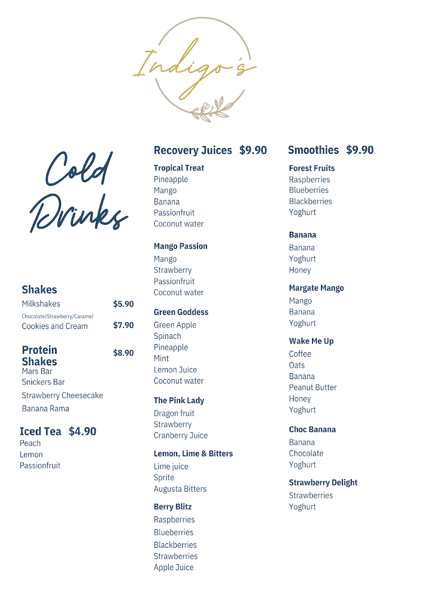 Indigo's Cafe menu board