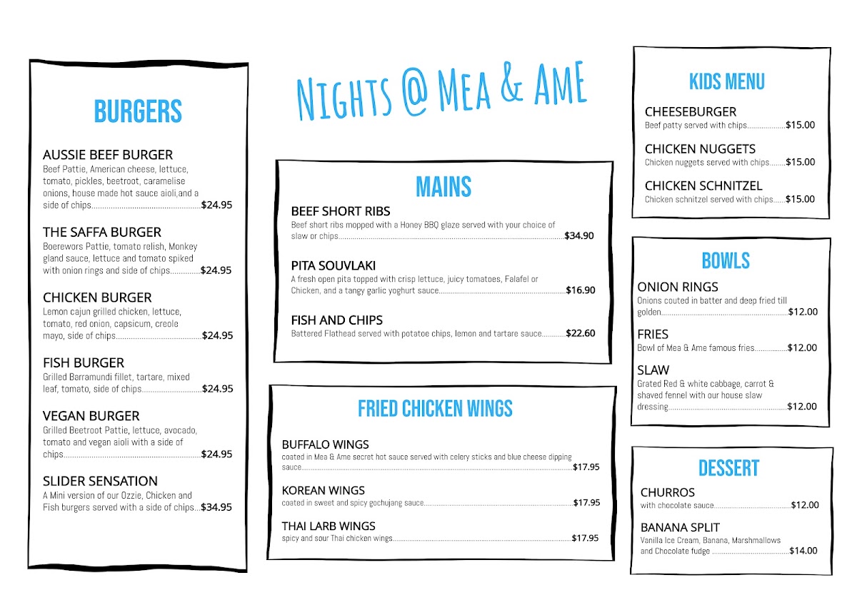 Mea & Ame menu board
