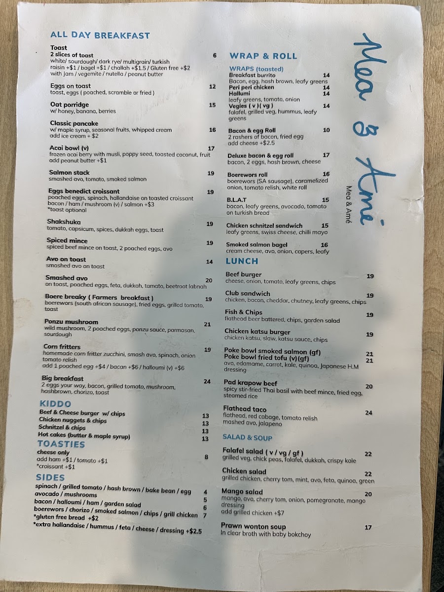 Mea & Ame menu board