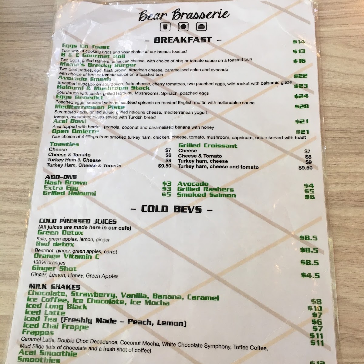 Bear Brasserie menu board